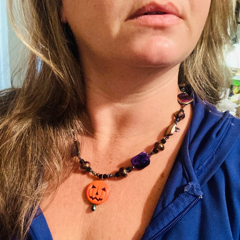 Glamorous Artisan Iridescent and Purple Halloween Pumpkin Necklace